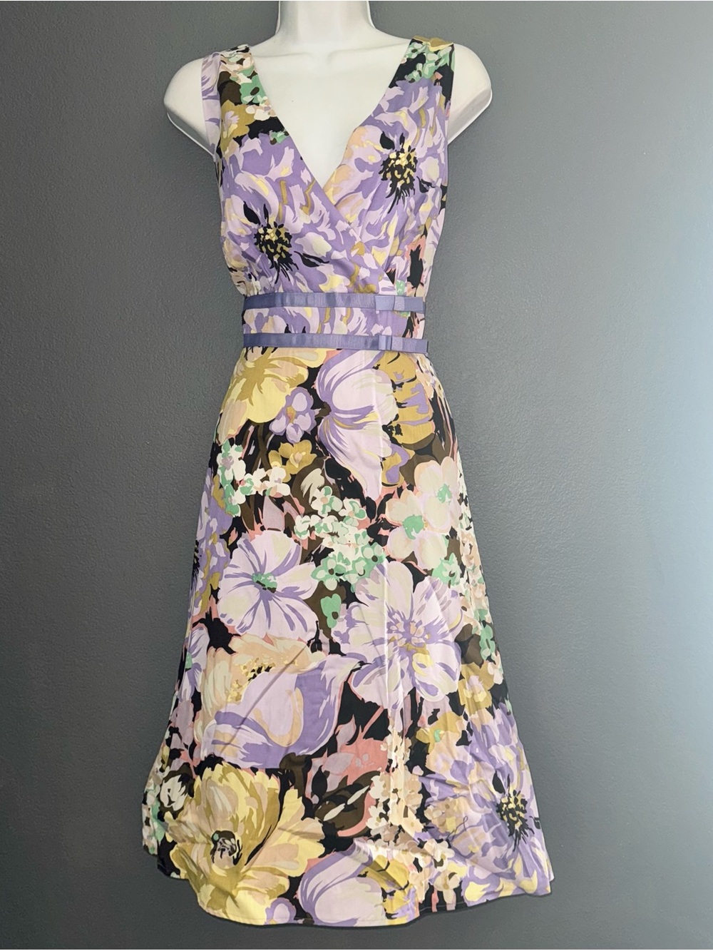 Coldwater Creek Lavender and Yellow Floral V-Neck Dress